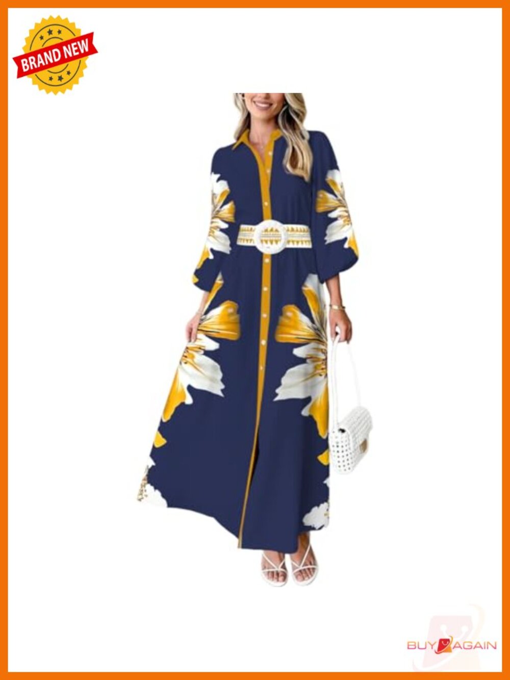 Women's Boho Maxi Dress 3/4 Sleeve Button Down Collar Belted Pockets